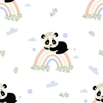 Seamless pattern with cozy cute panda in flower wreath on rainbow on white backg 스톡 일러스트