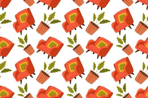 Seamless pattern with cozy interior with house plants. Vector illustration Stock Illustration