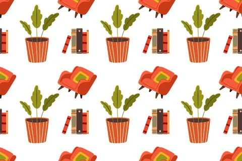 Seamless pattern with cozy interior with house plants. Vector illustration Stock Illustration