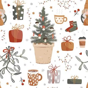 Seamless pattern. A cozy winter ornament with mistletoe, mugs, cups of tea 스톡 일러스트