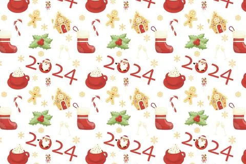 Seamless pattern. Cozy winter template with gingerbread cookies, a mug of hot 스톡 일러스트