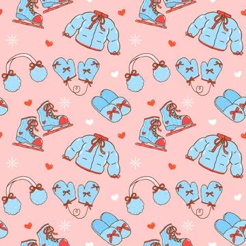 Seamless pattern Cozy Winter Valentine trendy blue and red retro preppy and.. Illustrazione stock