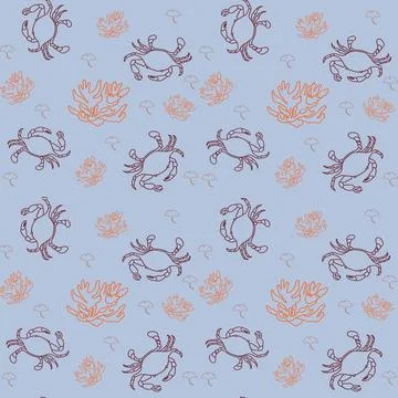 Seamless pattern with crab and coral.  JPEG  illustration . Stock Illustration
