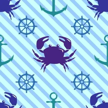 Seamless pattern with crab, steering wheel and anchor Stock Illustration