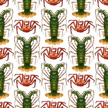 Seamless pattern of crabs with lobsters isolated on white background Stock Photos