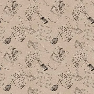 Seamless pattern on a craft background with contour illustrations of kitchen Stock Illustration