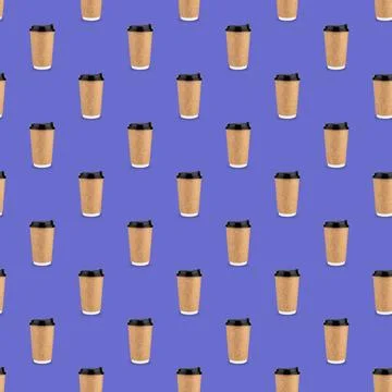 Seamless pattern craft paper cup for coffee or tea on background Stock Photos