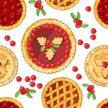 Seamless pattern with cranberry pies. The theme of autumn, harvest and thanks Stock Illustration