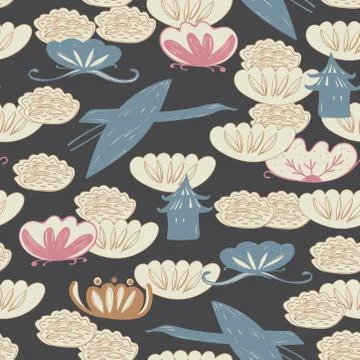 Seamless pattern cranes swans, herons birds fly, water lily, simple lines asi Stock Illustration