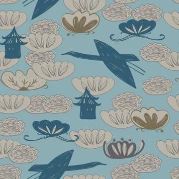 Seamless pattern cranes swans, herons birds fly, water lily, simple lines asi Stock Illustration