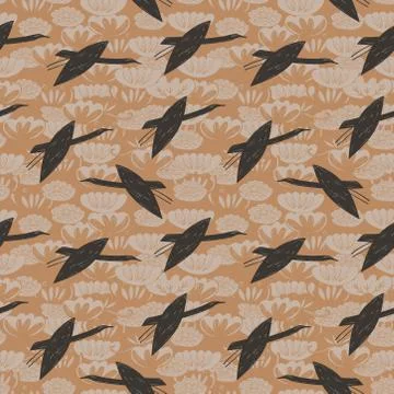 Seamless pattern cranes swans, herons birds fly, water lily, simple lines asi Stock Illustration