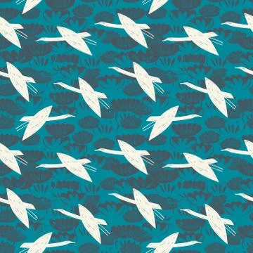 Seamless pattern cranes swans, herons birds fly, water lily, simple lines asi Stock Illustration