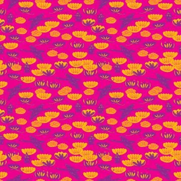 Seamless pattern cranes swans, herons birds fly water lily, simple asian japa Stock Illustration