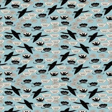 Seamless pattern cranes, swans herons birds fly, water lily simple lines asia Stock Illustration