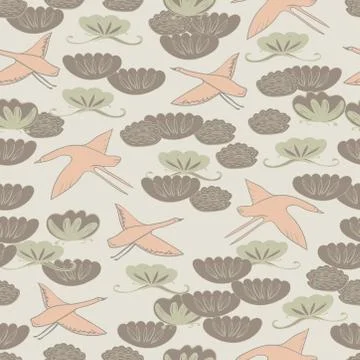 Seamless pattern cranes, swans herons birds fly, water lily simple lines asia Stock Illustration