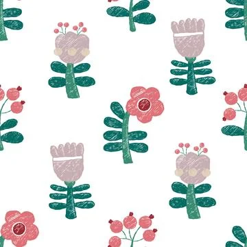 Seamless Pattern Crayon Flowers on white background. Hand-Drawn Floral Orna.. Illustrazione stock