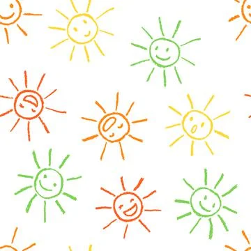 Seamless pattern with crayon funny sun. Set of many cute smile faces Stock Illustration