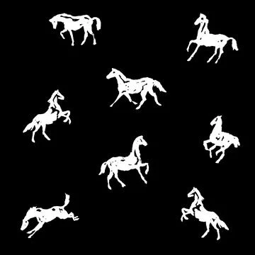 Seamless pattern with crayon hand drawing white silhouette horses. Stock Illustration