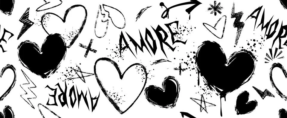 Seamless pattern with crayon hearts, graffiti love symbols and amore text in Stock-Illustration