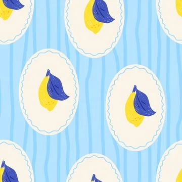Seamless pattern crayon lemons oval emblems with stripes. Preppy summer citrus Stock Illustration