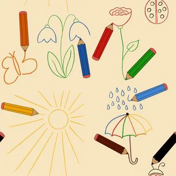 Seamless Pattern - Crayons Creating Lines Of Spring Themes Stock Illustration