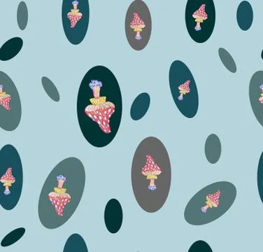 Seamless pattern crazy mushrooms for celebration on a gray green background Stock Illustration