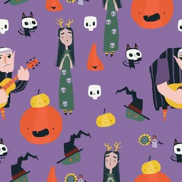 Seamless Pattern with Crazy Music Party with Band of Cartoon Halloween Illustrazione stock