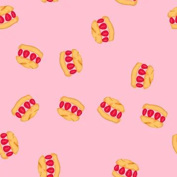 Seamless pattern cream puff pastry with strawberry fruit filling Stock Illustration