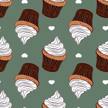 Seamless Pattern Creamy Cupcakes Stock Illustration