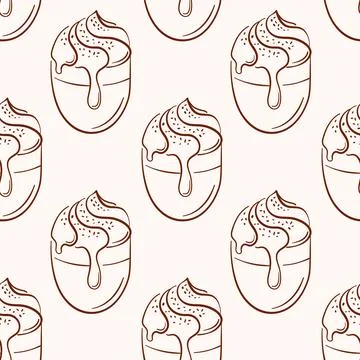 Seamless pattern with creamy dessert in cup drawn in line art style on beige Illustrazione stock