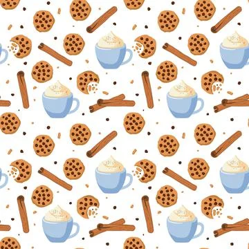 Seamless pattern with creamy hot drink and cookie, cinnamon. Symbols of Stock Illustration