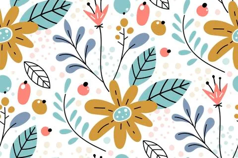 Seamless pattern with creative decorative flowers in scandinavian style. Stock Illustration