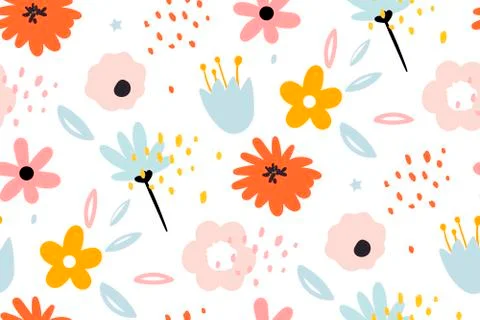 Seamless pattern with creative decorative flowers in scandinavian style. Stock Illustration