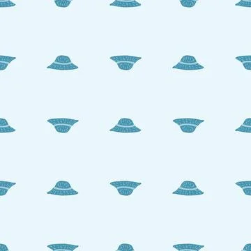 Seamless pattern with creative hand drawn blue panama hats ornament. Pastel l Illustrazione stock