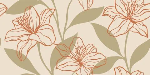 Seamless pattern of creative minimalist hand draw illustrations floral outl.. Stock Illustration