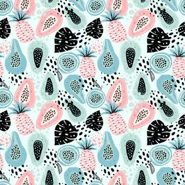 Seamless pattern with creative modern fruits. Hand drawn trendy background. A Stock Illustration