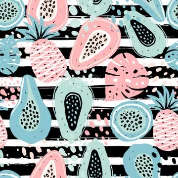 Seamless pattern with creative modern fruits. Hand drawn trendy background. A Stockillustratie