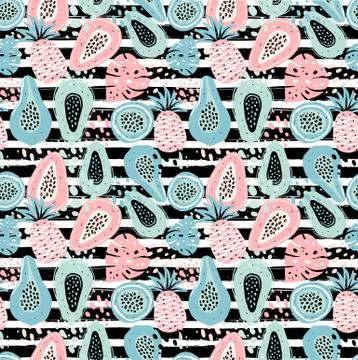 Seamless pattern with creative modern fruits. Hand drawn trendy background. A 스톡 일러스트