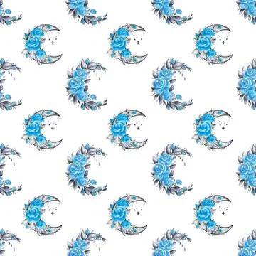 Seamless pattern crescent with blue roses on a white background. Stock Illustration