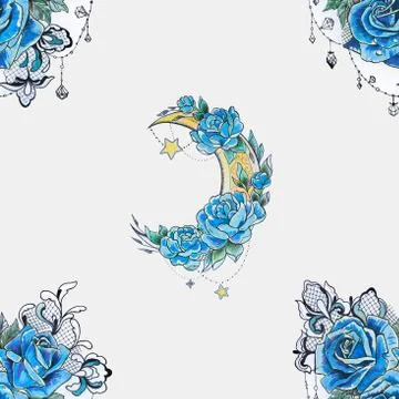 Seamless pattern crescent in flowers and roses on a white background. Illustrazione stock