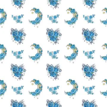 Seamless pattern crescent with flowers and blue roses on a white background. Illustrazione stock