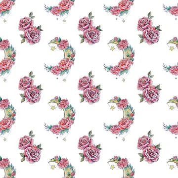 Seamless pattern crescent with flowers and red roses on a white background. Stock Illustration