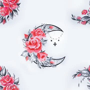 Seamless pattern crescent in flowers on a white background. Stock Illustration