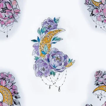 Seamless pattern crescent in flowers on a white background. 스톡 일러스트