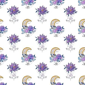 Seamless pattern crescent with lotus on a white background. Stock Illustration