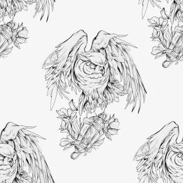 Seamless pattern crescent with lotus on a white background. Stock Illustration