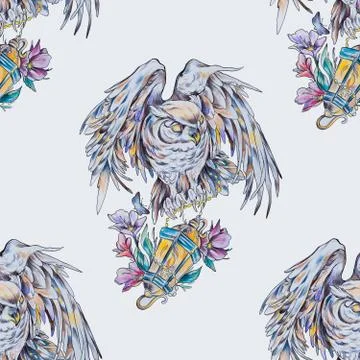 Seamless pattern crescent with lotus on a white background. Illustrazione stock