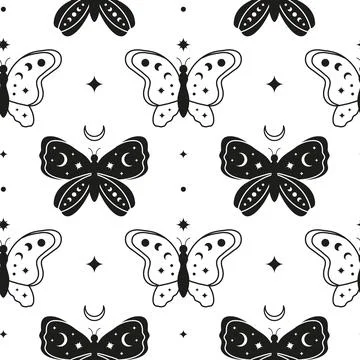 Seamless pattern with crescent moon, black and outline butterflies, crescent  Stock Illustration