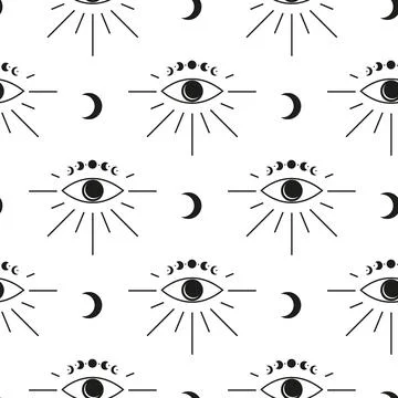 Seamless pattern with crescents, third eye, moon phases and starburst. Illustrazione stock