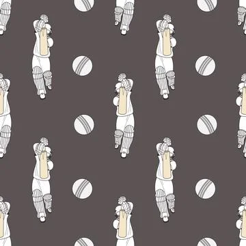 Seamless Pattern with Cricket Batsman and White Ball. Texture of Profession.. Illustrazione stock